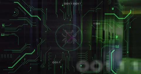 Image of bug icon over data processing and server room Illustrazione stock