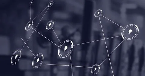Image of bulb icons in loading circles connected with lines over abstract b.. Stock Photos