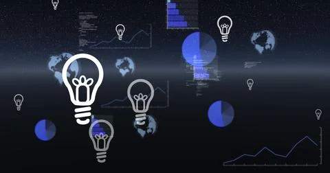 Image of bulbs, graphs and data processing floating in black space 스톡 일러스트