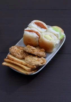 Image of burger and cookie on white plate for breakfast Stock Photos