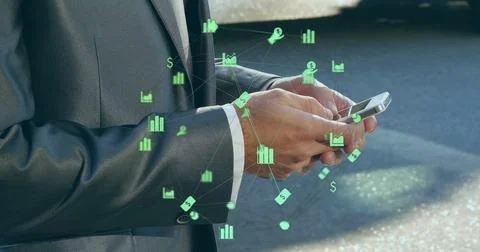 Image of business and data network over hands of biracial businessman using Stock Photos