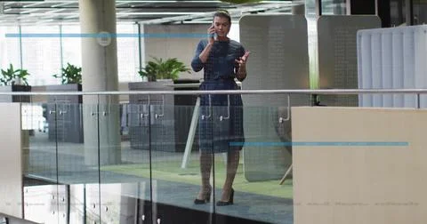 Image of businesswoman in office with data processing overlay Stock Illustration