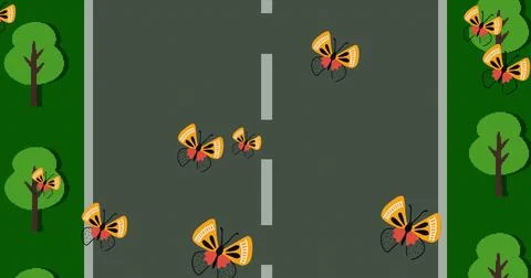 Image of butterflies over screen with road image game Ilustração Stock