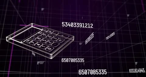 Image of calculator icon over data processing on black background 写真素材