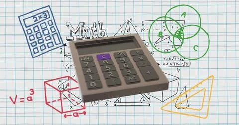 Image of calculator moving and math drawings on white background Stock Photos