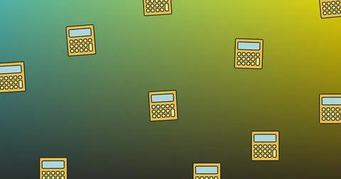 Image of calculators moving over soft green to yellow background 库存插图