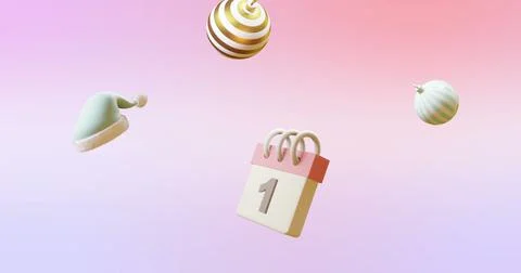 Image of calendar with numer 1 and christmas decorations on pink background Stock Illustration