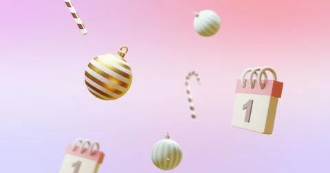 Image of calendar with numer 1 and christmas decorations on pink background Stock Illustration