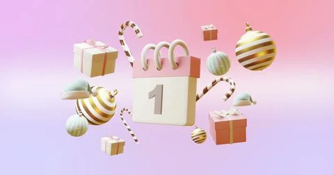 Image of calendar with numer 1 and christmas decorations on pink background Stock Illustration