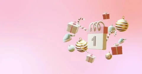 Image of calendar with numer 1 and christmas decorations on pink background Stock Illustration