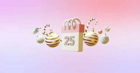Image of calendar with numer 25 and christmas decorations on pink background Illustrazione stock