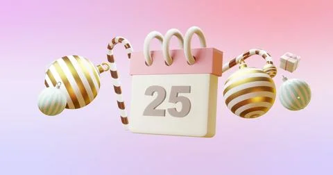 Image of calendar with numer 25 and christmas decorations on pink background Stock Illustration