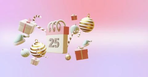 Image of calendar with numer 25 and christmas decorations on pink background Stock Illustration