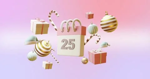 Image of calendar with numer 25 and christmas decorations on pink background Stock Illustration