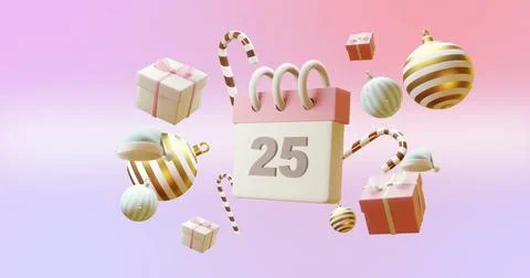 Image of calendar with numer 25 and christmas decorations on pink background Stock Illustration