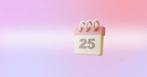 Image of calendar with numer 25 and christmas decorations on pink background Illustrazione stock
