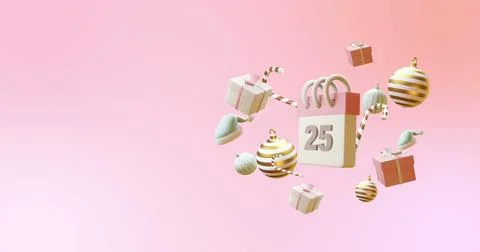 Image of calendar with numer 25 and christmas decorations on pink background Stock Illustration