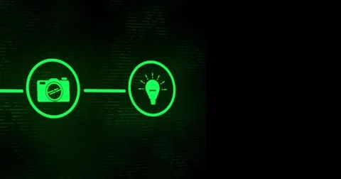 Image of camera and bub icons over black background 스톡 사진