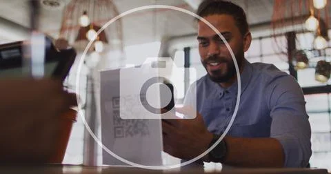 Image of camera icon and data processing over biracial businessman in office Stock Photos