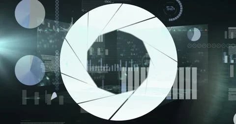 Image of camera shutter icons over multiple screens with data processing ag.. Stock Photos