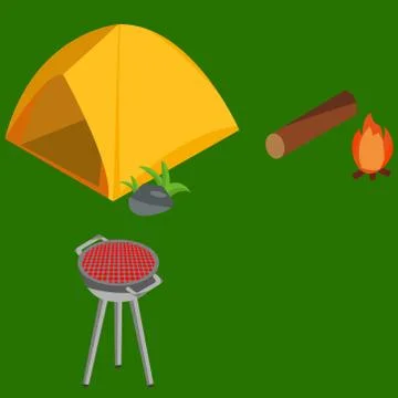 Image of camping, grill, tent, fire Stock Illustration