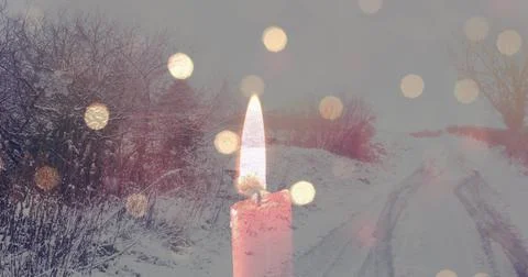 Image of candles over winter road landscape Ilustração Stock