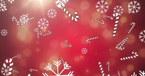 Image of candy cane and snow falling over red background 库存插图