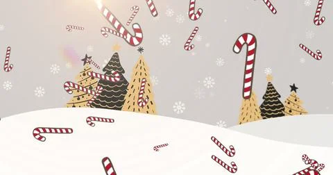 Image of candy cane and snow falling over winter landscape 库存插图