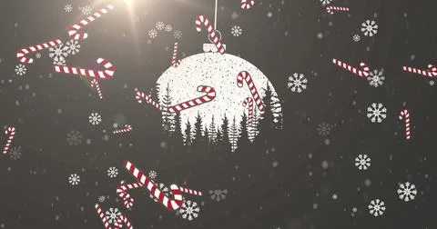 Image of candy cane falling over christmas decorations 库存插图