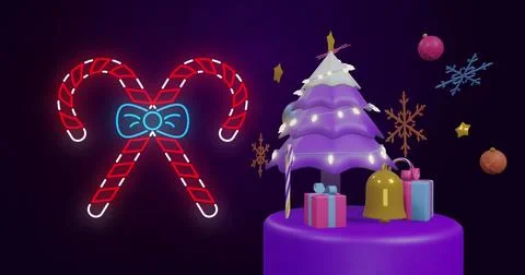 Image of candy canes over christmas tree and decorations on black background 库存插图