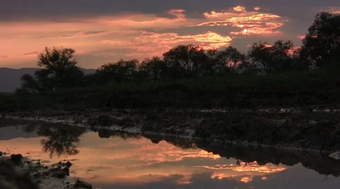 Image captured at sunset, on the edge of a road. The sky is overcast  Stock Footage 59841706