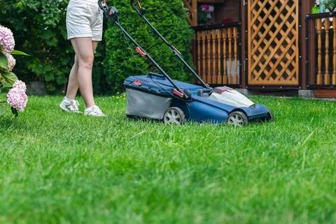 This image captures someone mowing their lawn with a push lawn mower. The p.. Stock Photos