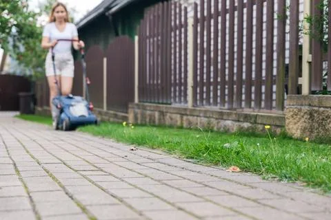 This image captures someone mowing their lawn with a push lawn mower. The per Stock Photos