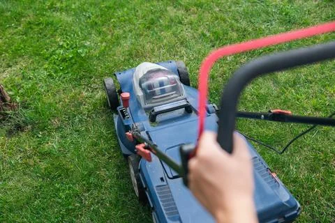 This image captures someone mowing their lawn with a push lawn mower. The per Stock Photos
