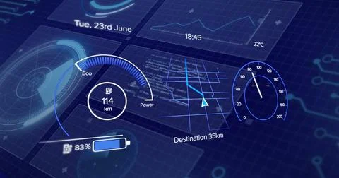 Image of car cockpit over data processing on blue background Stockillustratie
