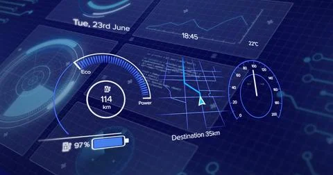 Image of car cockpit over data processing on blue background Stock Illustration