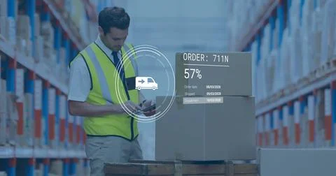 Image of car icon and data processing over caucasian male worker inspecting Stock Photos