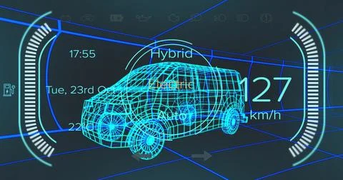 Image of car interface over digital van model on black background Stockillustratie