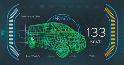 Image of car interface over digital van model on black background イラスト素材
