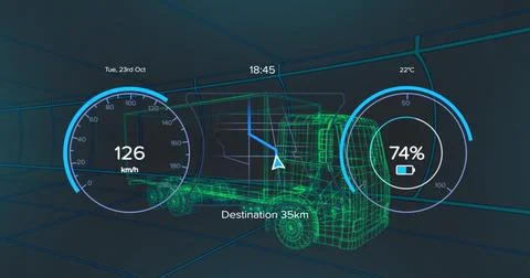 Image of car interface over digital lorry model on black background Stockillustratie