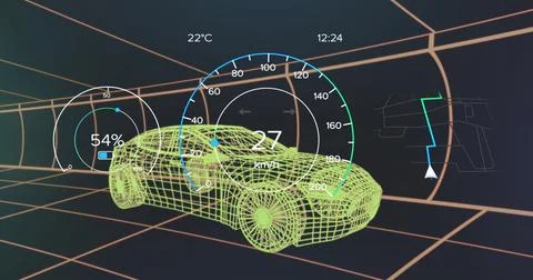 Image of car interface over digital car model on black background Foto stock