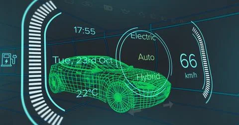Image of car interface over digital car model on black background Stock Photos