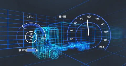 Image of car interface over digital lorry model on black background Stock Photos