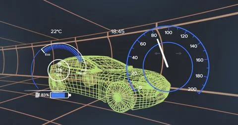 Image of car interface over digital car on black background Stock Photos