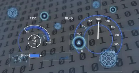 Image of car interface over scope scanning and binary coding on white background Stock Photos