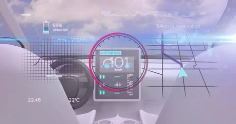Image of car interface screen over self driving car interior and sky with clouds Stock Photos