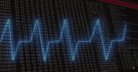 Image of cardiograph over data processing on black background Illustrazione stock