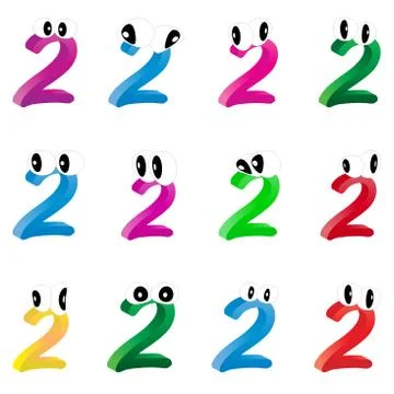 Image of cartoon number, digit two with eyes. Funny, cheerful and colorful il Stock Illustration