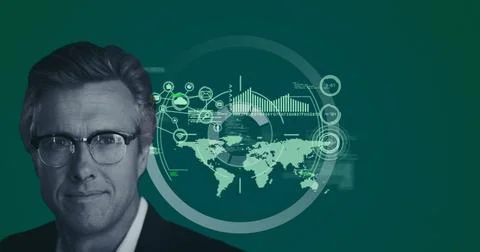 Image of caucasian businessman over interface with data processing against green 스톡 일러스트