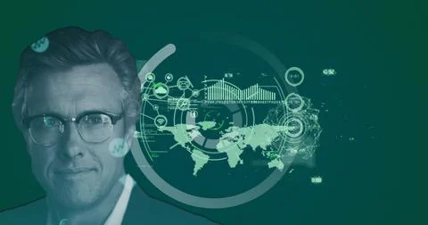 Image of caucasian businessman over interface with data processing against green 스톡 일러스트